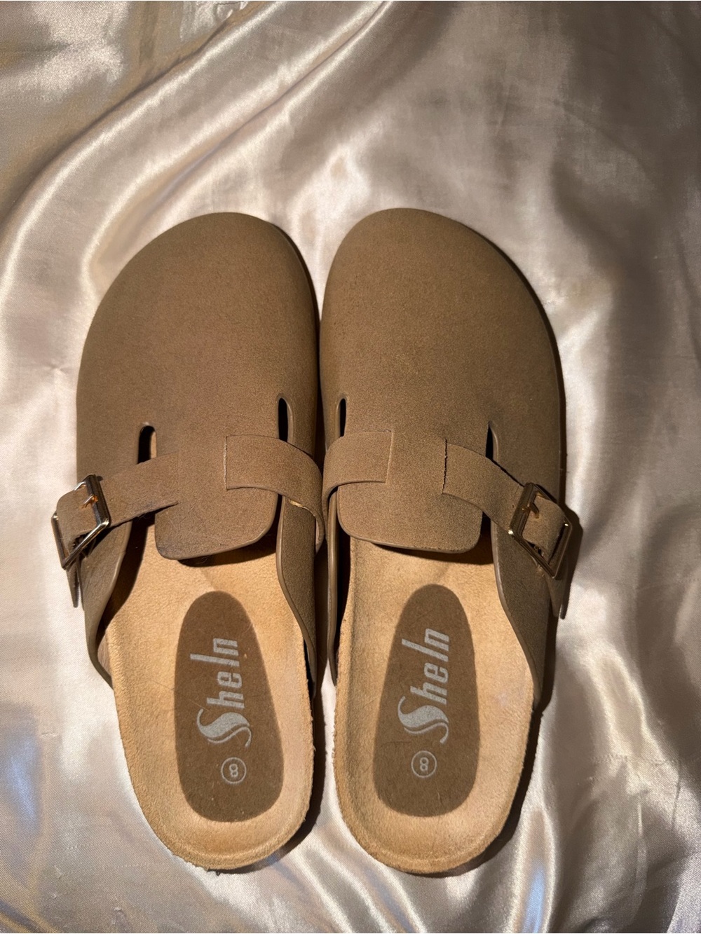 SHEIN Tan Suede-Look Buckle Clog Mules